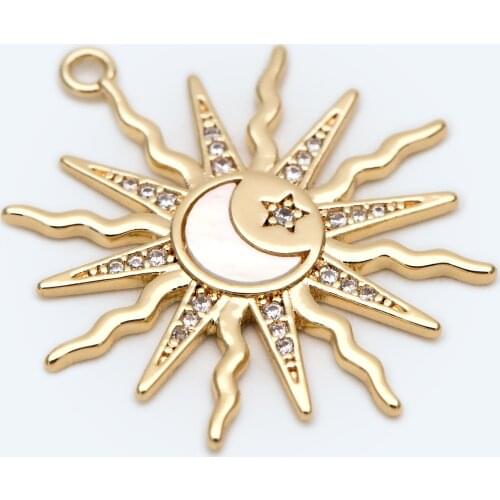 4pcs CZ Paved Gold Sun Charms 24mm, Shell Paved Sun Pendants, Jewelry Making, Diy Material, Jewelry Supplies (GB-2216)