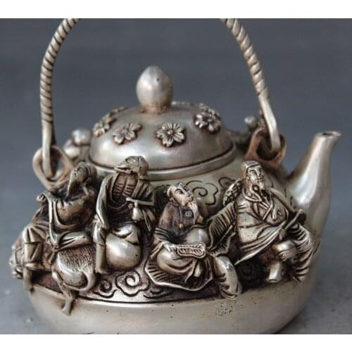 Decoration bronze factory outlets Tibet Silve Marked Chinese Silver Eight Immortals 8 Immortals Wine Pot Flagon Kettle Statue