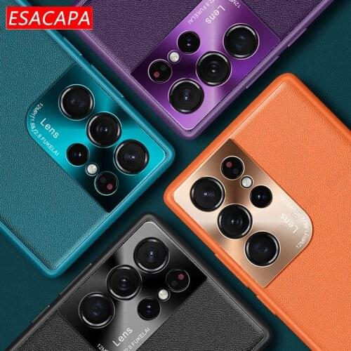 For Samsung S21Ultra S21+ Case Luxury Vegan Leather Metal Camera Lens Protection Back Cover for Samsung Note 20 Ultra Soft Shell