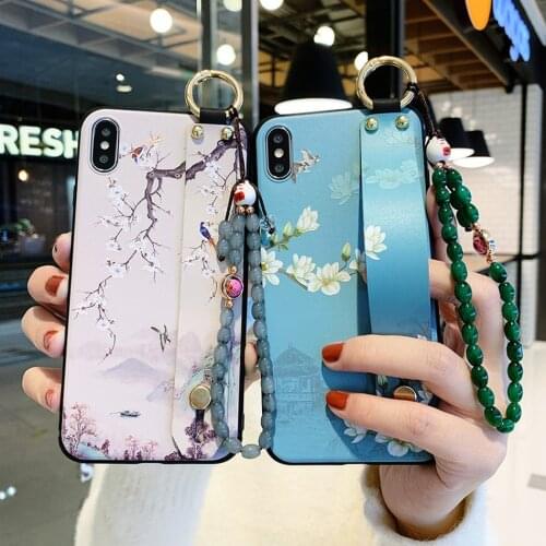 Wrist Strap Case for IPhone 11 Pro XS Max Case Soft Relief Floral Holder Cover for IPhone SE 2 2020 X XR 6 7 8 Plus With Lanyard