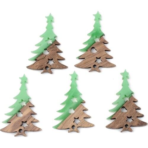 2Pcs Opaque Resin & Wood Pendants Charms Christmas Tree For Jewelry Making DIY Earrings Necklace Accessories 38x25x3mm