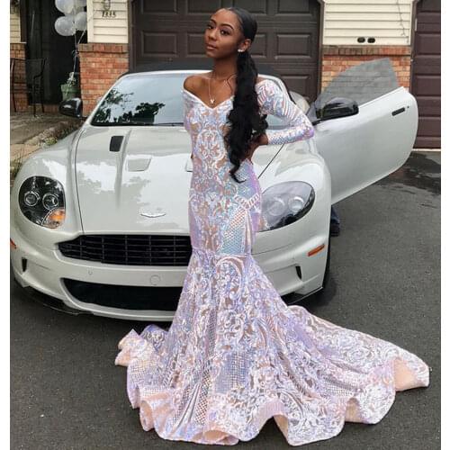 Long Sparkly Gala Prom Dresses 2020 Sexy Mermaid Off The Shoulder Long Sleeves African Ladies Black Girl Sequin Prom Gowns