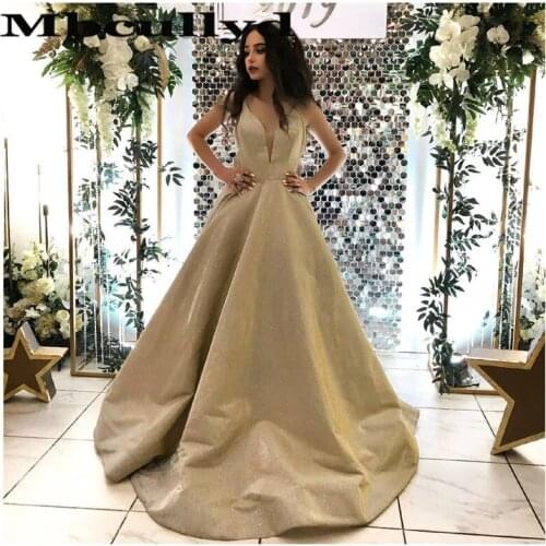 Mbcullyd Gold Sequined Prom Dresses Long 2020 Glitter V-neck Evening Dress For Women With Big Bow Vestido De Festa Customize