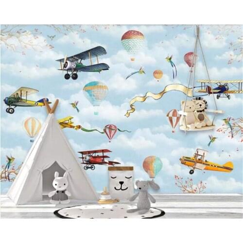 Beibehang Customize wallpaper photo personality Hot air balloon plane blue sky white clouds childrens wall decorative wallpaper