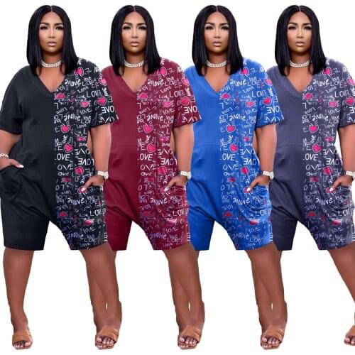 Casual Womens Clothing Fashion Letter Printing Personality Stitching Pocket Sexy V Neck High Street Short Jumpsuit Dropshipping
