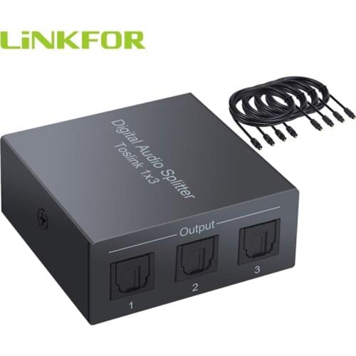 LiNKFOR 3 way Spdif Toslink Optical Digital Audio Splitter Support LPCM 2.0 DTS AC3 1*3 Splitter With 4 pcs Optical Cable