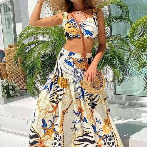 LIYONG Animal Print Beach Two Piece Set Women Summer Backless Cami And Dress V Neck Spaghetti Strap Sexy 2 Piece Set Dresses
