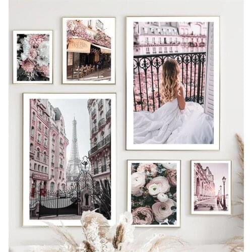Street Paris Tower Rose Flower Girl Fashion Art Canvas Painting Nordic Posters And Prints Wall Pictures For Living Room Decor