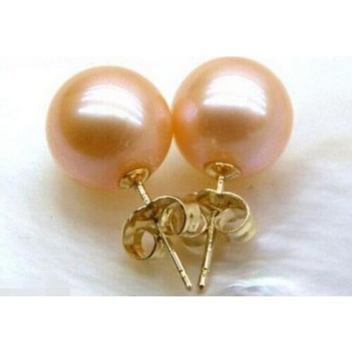 Fashion jewelry Free Shipping perfect round 10-11mm AAA+++ pink south sea pearl earring new yellow solid gold^^@^Noble style Na