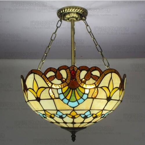 16inch European style retro Baroque Tiffany pendant light stained glass dining room bedroom study reverse hanging lamps