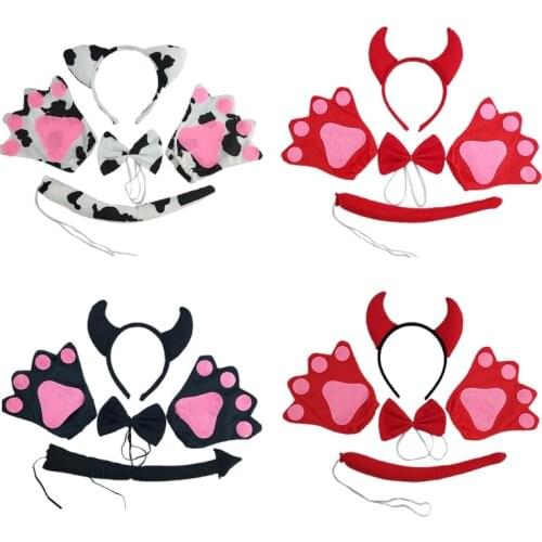 Adult Kids Ox Horn Headband Bow Tie Tail Bow Gloves Set Cosplay Halloween Costume Childrens Day Gift Christmas Props