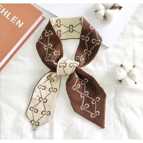 Luxury Brand Winter Scarf Women Flowers Print Knitted Scarves Wraps Sharp Angle Shawls Warm Long Narrow Small Skinny Neckerchief