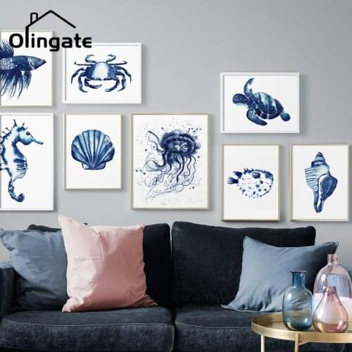 Blue Ocean Creature Canvas Poster Cute Sea Horse Jellyfish Wall Art Picture One Piece Canvas Painting Home Bathroom Decoration