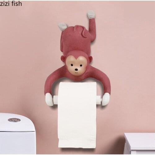 Resin Monkey Wall-mounted Tissue Holder Paper Roll Holder Cartoon Animals Pink Paper Towel Storage Rack Decorative Ornaments