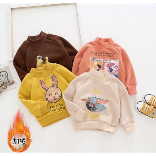 2 3 4 5 6 Y Kids Girls Sweatshirts Autumn Winter Baby Girl Plus Velvet Thicken Turtleneck Hoodies Child Cartoon Print Pullovers