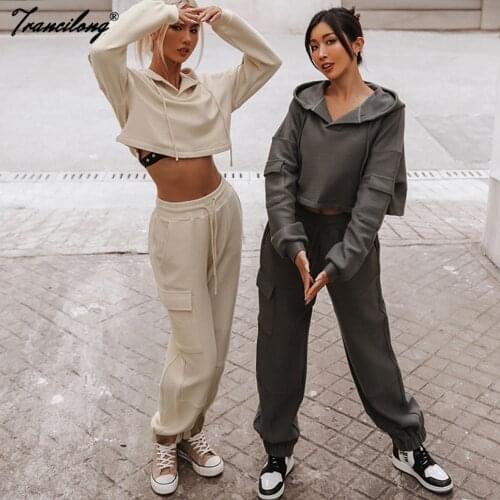 Hoodies Sweatshirts And Pants Pockets Two Piece Sets Flat Oversize Lace Up Long Sleeve Soild Color Cotton Track Suits Summer