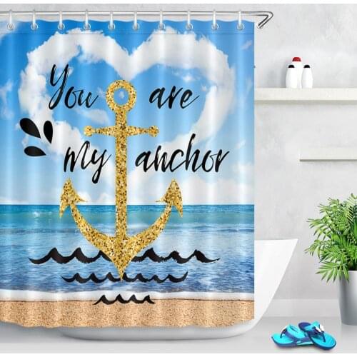 You Are My Sunshine Shower Curtains Romantic Bathroom Decor Heart Cloud Sea Scenery Golden Anchor Kids Bathtub Shower Curtains