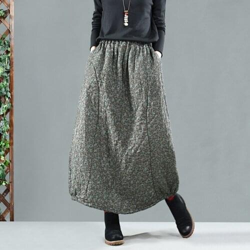 Loose Long Skirts Female Autumn 2021 National Style Vintage Cotton Linen Skirt Women Print Elastic Waist Thick Bud Skirt Winter