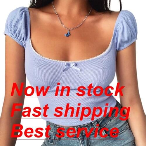 Women Ribbed Square Collar T-shirts Summer Slim Short Sleeve Cropped Tops Lady Bow Lace Tees