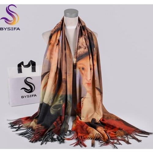 [BYSIFA] Women Winter Cashmere Scarves Pashmina Printed New Brand Coffee Long Scarves Shawls Ladies Wraps Neck Tassel Scarf