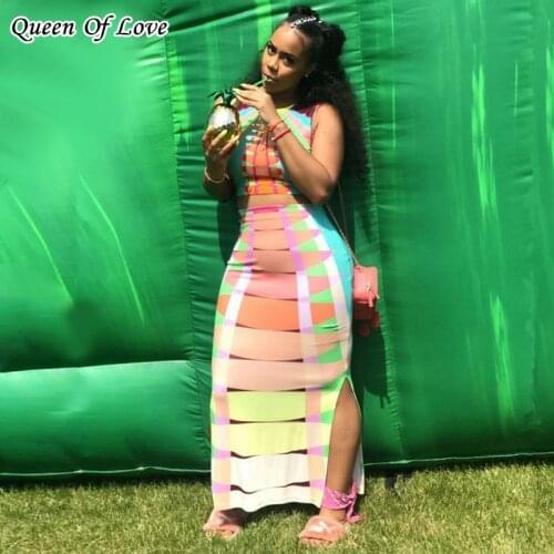 2021 Summer Colorful Striped Print Long Skirt Outfits Casual 2 Piece Women Tank Crop Top + Maxi Skirts Dress Matching Set