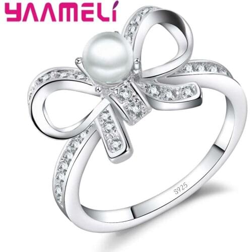 Sweet Cute Bow Shape Crystal Stone Ring Female Birthday Wedding Ceremony Engagement Bridal Jewelry 925 Sterling Silver