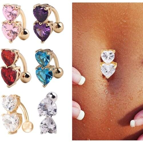 New Arrive Double Heart Belly Bar Upside Down 316L Surgical Steel Navel Bell Button Ring for Women 15pcs/lot Free Shipping