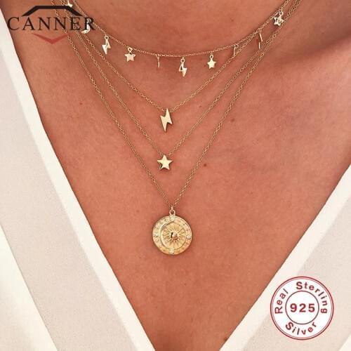 CANNER Real 925 Sterling Silver Lightning Star Round Choker Necklace For Women Minimalist Fine Jewelry Accessories collares