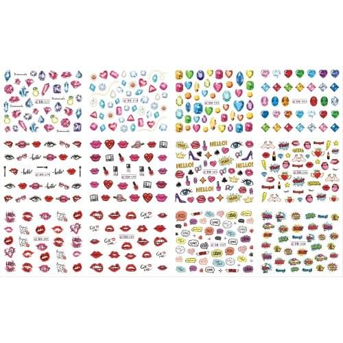 UPRETTEGO 12 PACKS / LOT NAIL ART BEAUTY WATER DECAL SLIDER NAIL STICKER JEWLRY DIAMOND LIPS STICK GEM KISS BN577-588