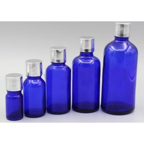 2/10pcs 5ml 10ml 15ml 20ml 30ml 50ml 100ml Blue Glass Essential Oil Bottles with silver screw aluminum cap with different plug