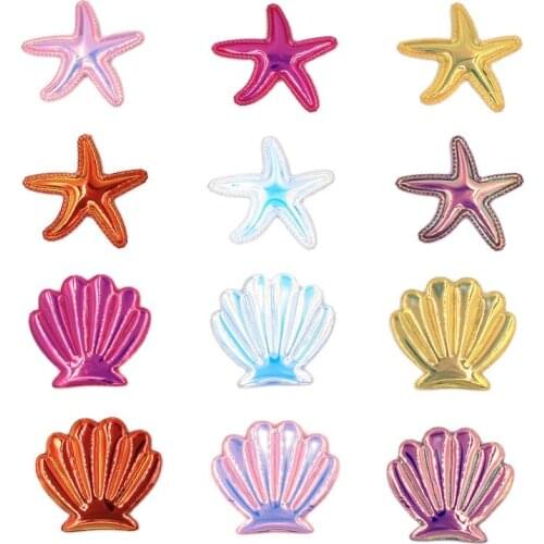 30Pcs/Lot Pu Shiny Starfish And Shell Padded Appliques For Cake Insert Cards Children Hair Clip Accessories DIY Kid Patches