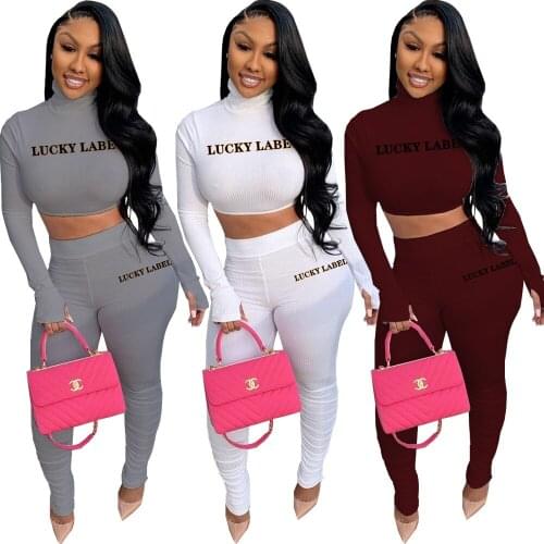 8CQ071 Autumn Winter Women Casual Outdoor Sports Solid Letter Skinny Two Piece Set Top and Pants Tracksuit Sweatsuit Outfits Hot
