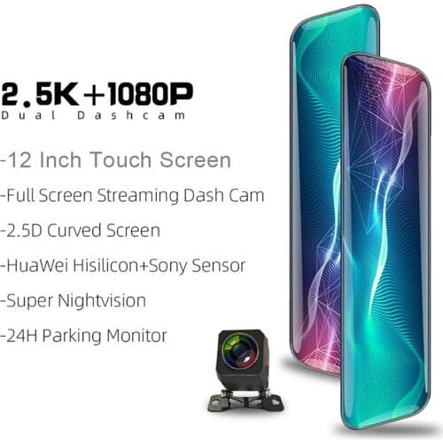 12 Inches Screen RearView Mirror Car Dvr Car Camera Dashcam 1440P Super HD Dual Lens Driving Video Recorder Dash Cam Night Visio