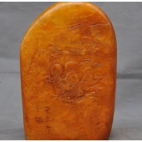 Free shipping Old China Tianhuang Shoushan Stone Craved Guanyin Buddha Crane Statue Seal Stamp