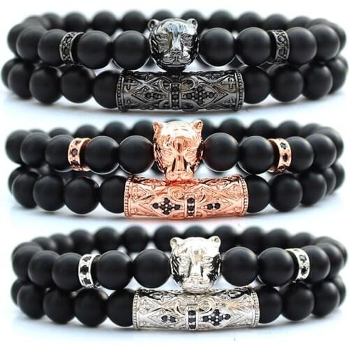 Black stone beads lion bracelet set bracelets for men women pulseiras masculina handmade beaded mens accessories armbanden