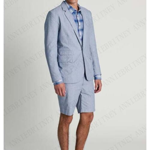 ANNIEBRITNEY Latest Coat Pant Designs Light Blue Casual Summer Suits For Men Short Pants Custom Beach Groom Tuxedo Slim Suit Set