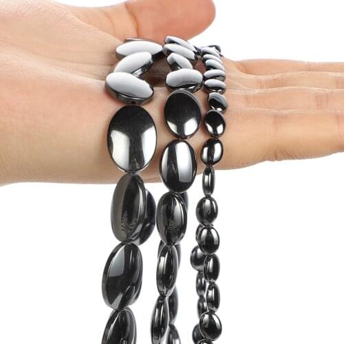 Natural Stone Beads Flat Oval Black Hematite Loose Spacer Beads for Jewelry Making DIY Bracelets Necklace Accessories 6-14MM