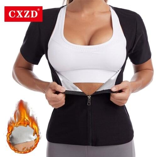 CXZD Women Thermo ion coating Body Shaper Zip T-Shirts Silver Weight Loss Fat Burning Sweat Sauna Short sleeve Shapewear Suits