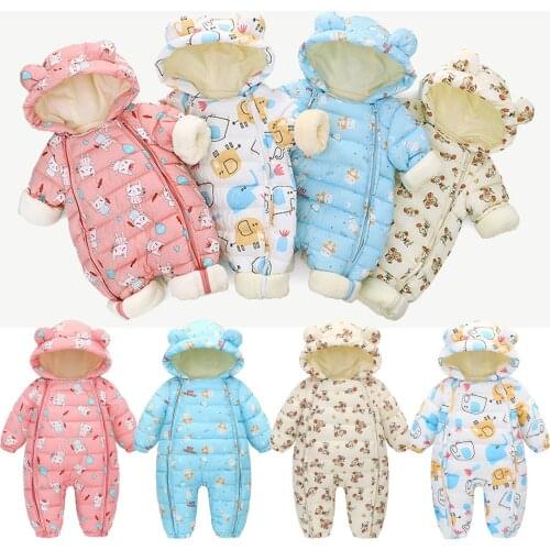 Newborn Baby Girl Boy Romper Warm Clothes Hooded Zipper Bear Ear Snowsuit Infant Outerwear Jumpsuit Childrens Winter Overall