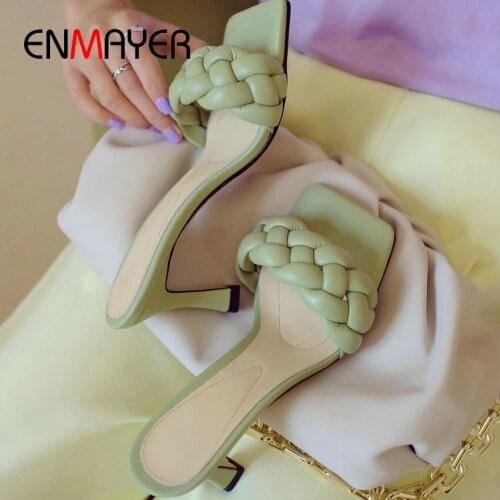ENMAYER Elegant Slippers Women Microfiber Leather Solid Summer Silver Shoes for Women Sewing Thin Heels 2020 Women Slippers