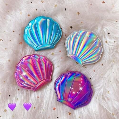 Creative Sea Shell Shaped Holographic Rainbow Colored Magnifying Compact Cosmetic Double Sided Folding Pocket Mirror Portable