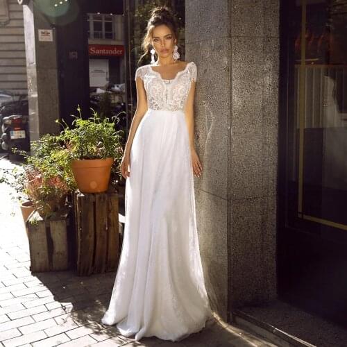 A-Line Lace Wedding Dresses 2021 V-Neck Long Boho Bridal Gown Sweep Train Cap Sleeve Sexy Open Back Vestidos De Noiva Tulle