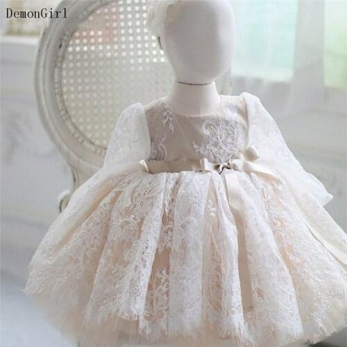 Lace Puffy Baby Girl Dresses Children Wedding Party Dress with Ribbons Long Sleeves Birthday Dress