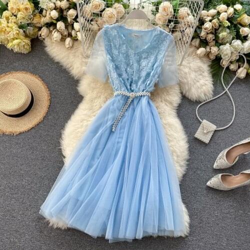 Summer Sweet Lace 3D Floral Dress 2020 Fashion Short Sleeve O-neck A-line Flare Party Pearls Belt Dresses Vestidos