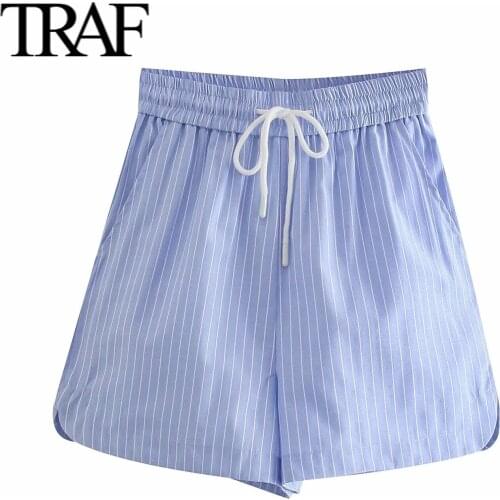Traf 2021 Summer Women Clothes Sexy Hot Pants Striped High Waist Shorts Fashion Casual Wide Leg Pants