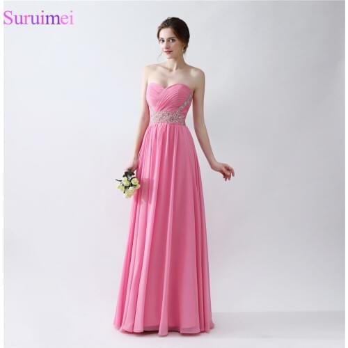 Hot Pink Prom Dresses Beaded Sash Sweetheart Floor Length Chiffon Long Girls Prom Gown