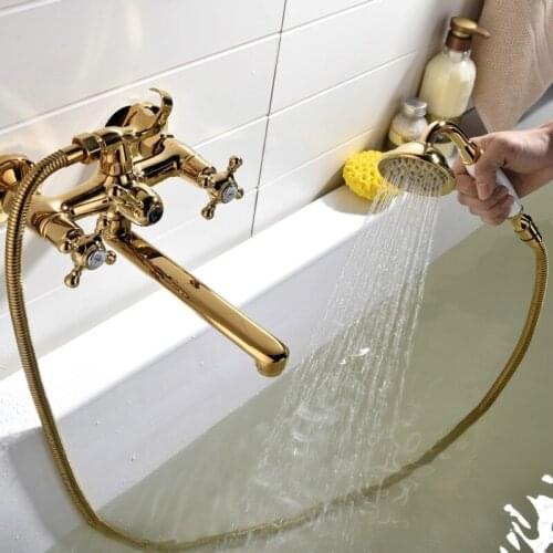 Bathtub Shower Faucet Set Solid Brass Hot & Cold Bath Shower Mixer Tap With Handheld Wall Mount Dual Handle Fixing Bracket Gold