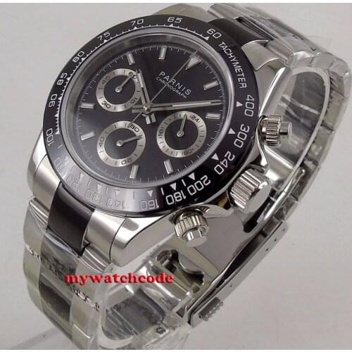 New arrive 39mm PARNIS black dial quartz mens watch solid case full Chronograph ceramic bezel P1223