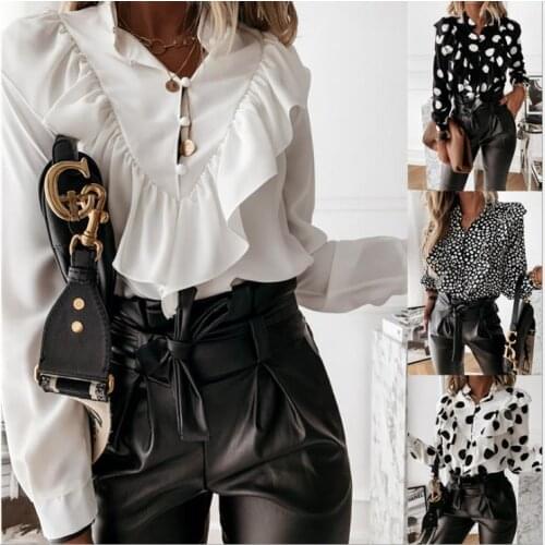 2020 Autumn Women Chiffon Shirt Ruffles Pokla Dot Long Sleeve Blouse Straight Fashion Ladies Wear Shirt