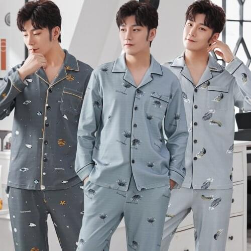 2021 Autumn 100% Cotton Print Long Sleeve Pajama Sets for Men Korean Sleepwear Suit Pyjama Homewear Male Loungewear Home Clothes